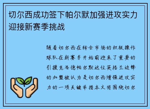 切尔西成功签下帕尔默加强进攻实力迎接新赛季挑战