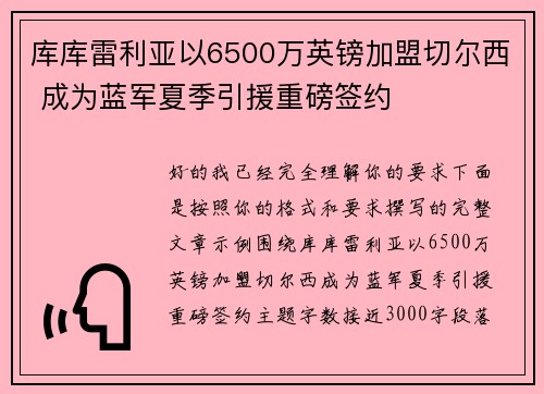 库库雷利亚以6500万英镑加盟切尔西 成为蓝军夏季引援重磅签约